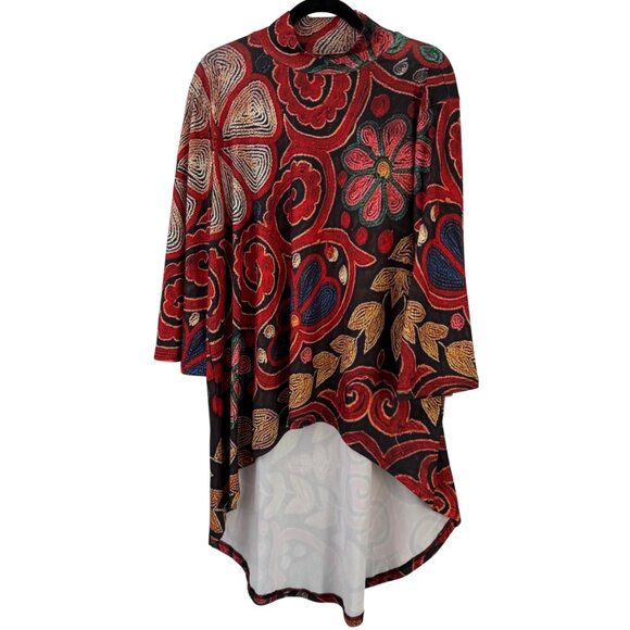 Tops - Mock Turtleneck Tunic Top High Low Fall Colors Geometric Print XL NEW